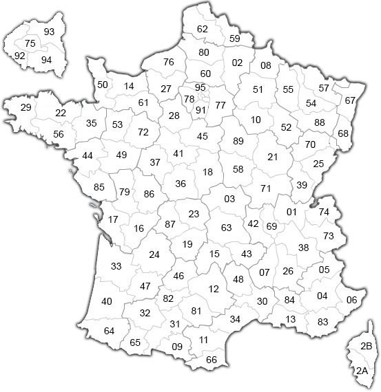 carte des départements avec numéro